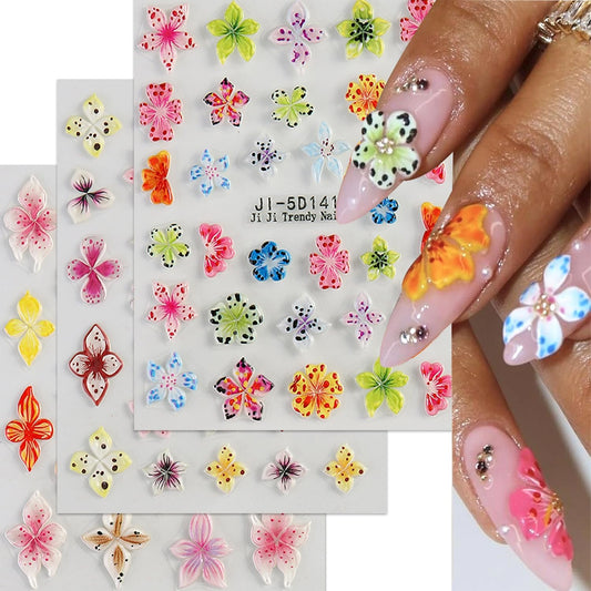 Colorful Flower Nails Art Stickers 5D Self-Adhesive Embossed Nails Stickers Hibiscus Flower Design Tropical Floral Nails Decal Supplies Women DIY Nail Art Decoration 3 Sheets-BrightBean Baby