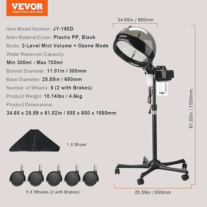 VEVOR Professional Hair Steamer for Deep Conditioning, 11.81-inch Hooded Ionic Hair Steamer with 2 Modes, Height-Adjustable Standing Hair Steamer with Timer, 5 Wheels (2 Lockable) for Salon Home Spa-BrightBean Baby