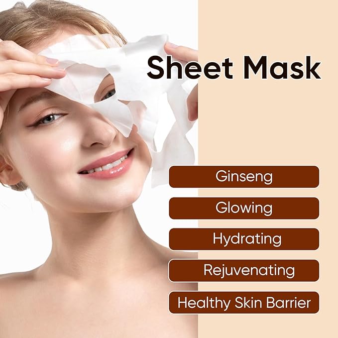 10Pack Sheet Face Masks Skincare for All Skin Types, Moisturizing Hydrating Face Masks Suitable for Sensitive Skin, Red Ginseng Face Masks for Wrinkles, Fine-Lines, Firmness and Elasticity-BrightBean Baby