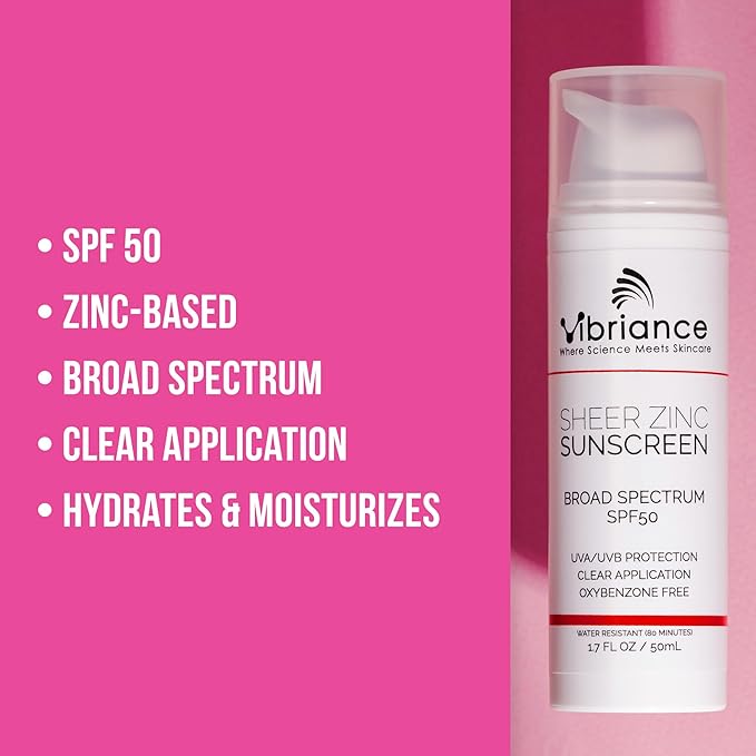 Vibriance Sheer Zinc Sunscreen - Tinted Sunscreen for Face SPF 50, Lightweight Facial Moisturizer with Niacinamide, Hyaluronic Acid - 1.7 fl oz-BrightBean Baby