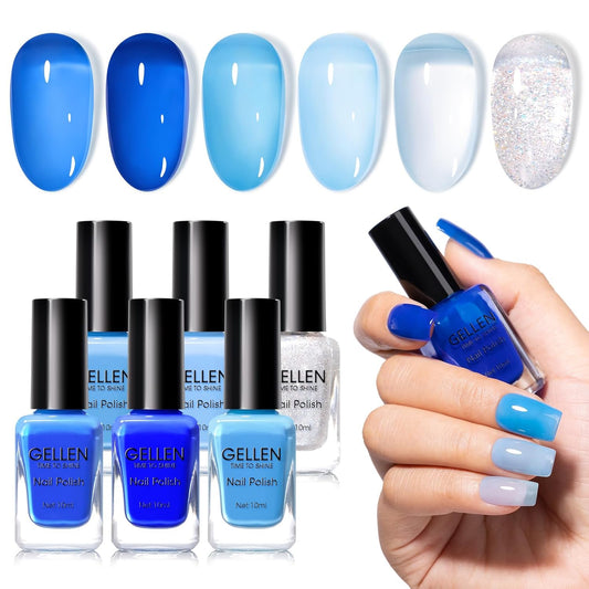 Gellen Blue Jelly Nail Polish, Sheer Nail Polish Quick Dry Summer 6 Colors Blue Glitter Set, Natural Traditional Regular Nails Polish for Acrylic Natural Nails Home Salon, No Gel, Hema Free, Non-toxic-BrightBean Baby