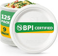 100% Compostable Paper Plates, 9 Inch, 125 Count, Biodegradable Bagasse Plates, Heavy Duty Disposable Plates Bulk for Party | Microwave-Safe | Soak-Resistant, Cut Resistant