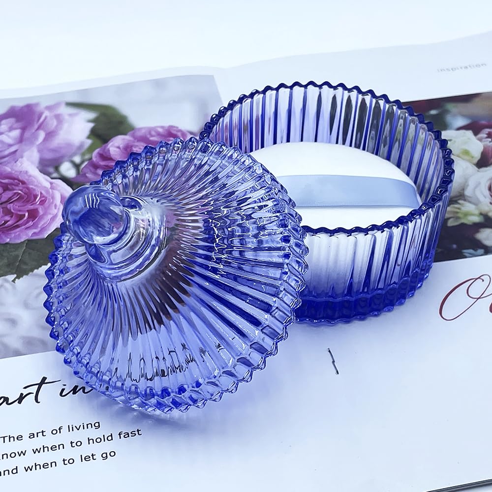 Ultra Soft Powder Puff and Container 3.3" High Density Velvet Dusting Washable Reusable Powder Puff,Body Powder Puff and Glass Jar Holder Loose Powder Box with Puff for Face Makeup(Blue)-BrightBean Baby