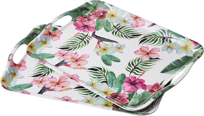 Blue Boat 16.5" x 11.5" Rectangular Melamine Serving Tray Set of 2 Blossom, Light Weight Easy to Clean Sturdy Stackable Serving Tray with Handle, Fruit, Snacks, and Desserts Trays, TV Trays