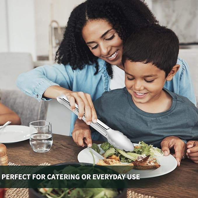 4 Pack Serving Tongs for Buffet,Metal Kitchen Tongs,Stainless Steel Food Tongs, Small Tongs for serving, Silver (12IN)