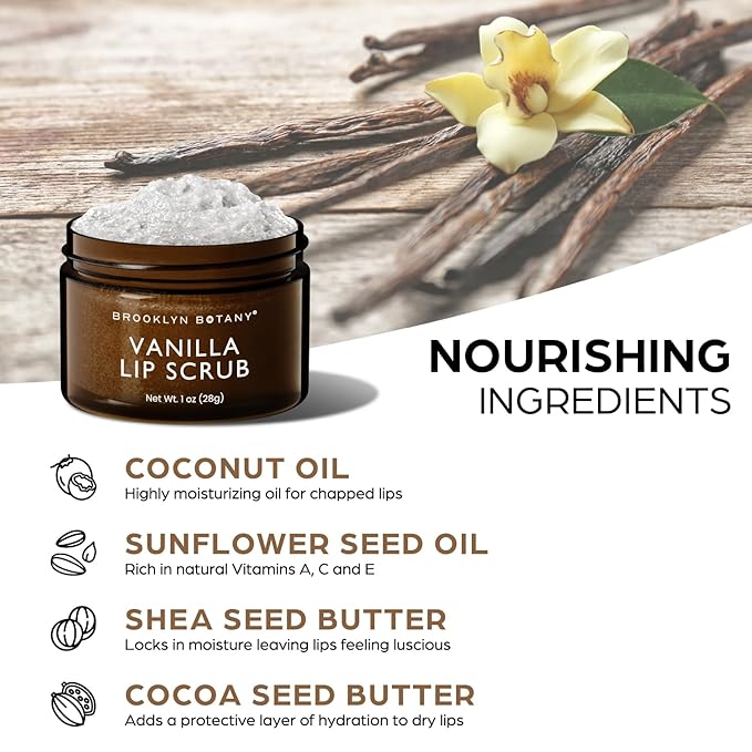 Brooklyn Botany Lip Scrub Exfoliator 1 oz – Lip Moisturizer for Dry Lips and Chapped Lips – Gentle Lip Exfoliator for Smooth and Brighter Lips – Vanilla Flavor-BrightBean Baby