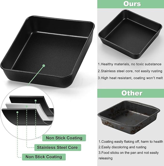 TeamFar 8 Inch Cake Pan, Square Brownie Baking Pan with Stainless Steel Core & Non Stick Coating, for Baking Roasting Storing Food, Healthy, Oven Safe & Anti-melt, Easy to Release & Clean – Set of 2