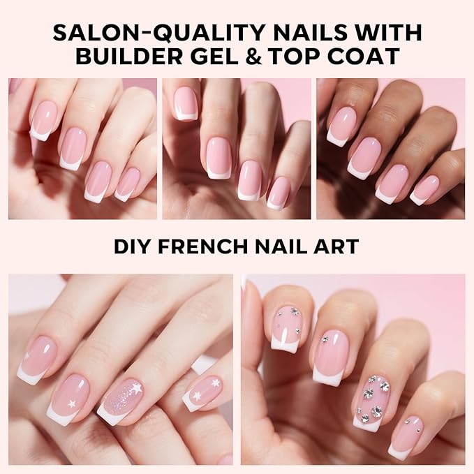 modelones French Tip Press on Nails, Short Square Fake Nails with Nail Box, Pink & White Gel Nail Tips for Women, Soft Glue-On Nails for Natural Salon Look, DIY Nail Art Kit-BrightBean Baby