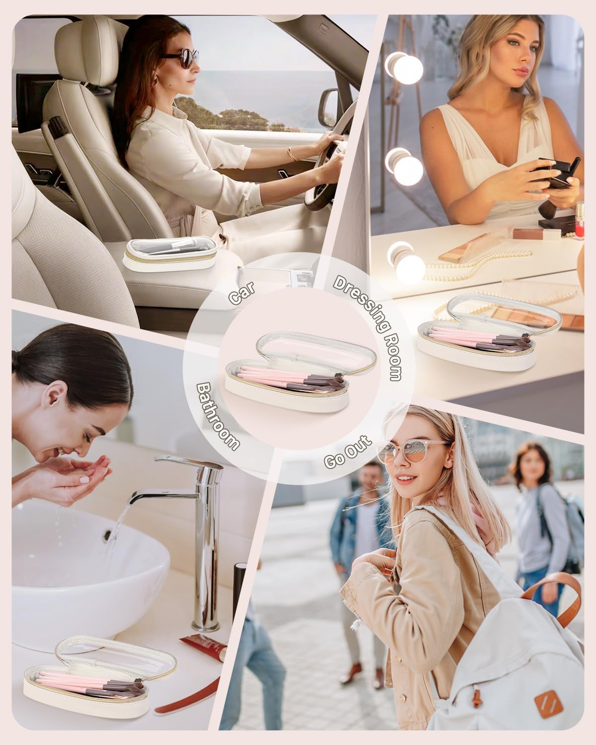 Clear Travel Makeup Brush Holder, Leather Makeup Brush Toiletry Bag, Portable Cosmetic Brush Case, Transparent Waterproof Makeup Brush Storage Bag, White, Large-BrightBean Baby