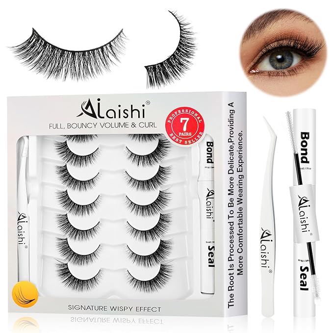 Wispy False Eyelashes Kit With Bond, Seal and Tweezer, 7 Pairs Natural Look Fake Cat Eye Lashes Strips Thin Band Extensions Waterproof Easy Eyelashes for Beginners RQ45-BrightBean Baby
