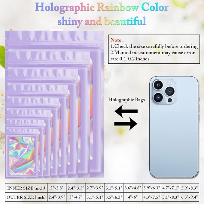 100 Pack Holographic Bags, Packaging Bags, Clear Window Resealable Odor Foil Pouch Bag for Food Storage and Lipgloss, Jewelry Lash (Purple, 4 x 6 Inch)-BrightBean Baby