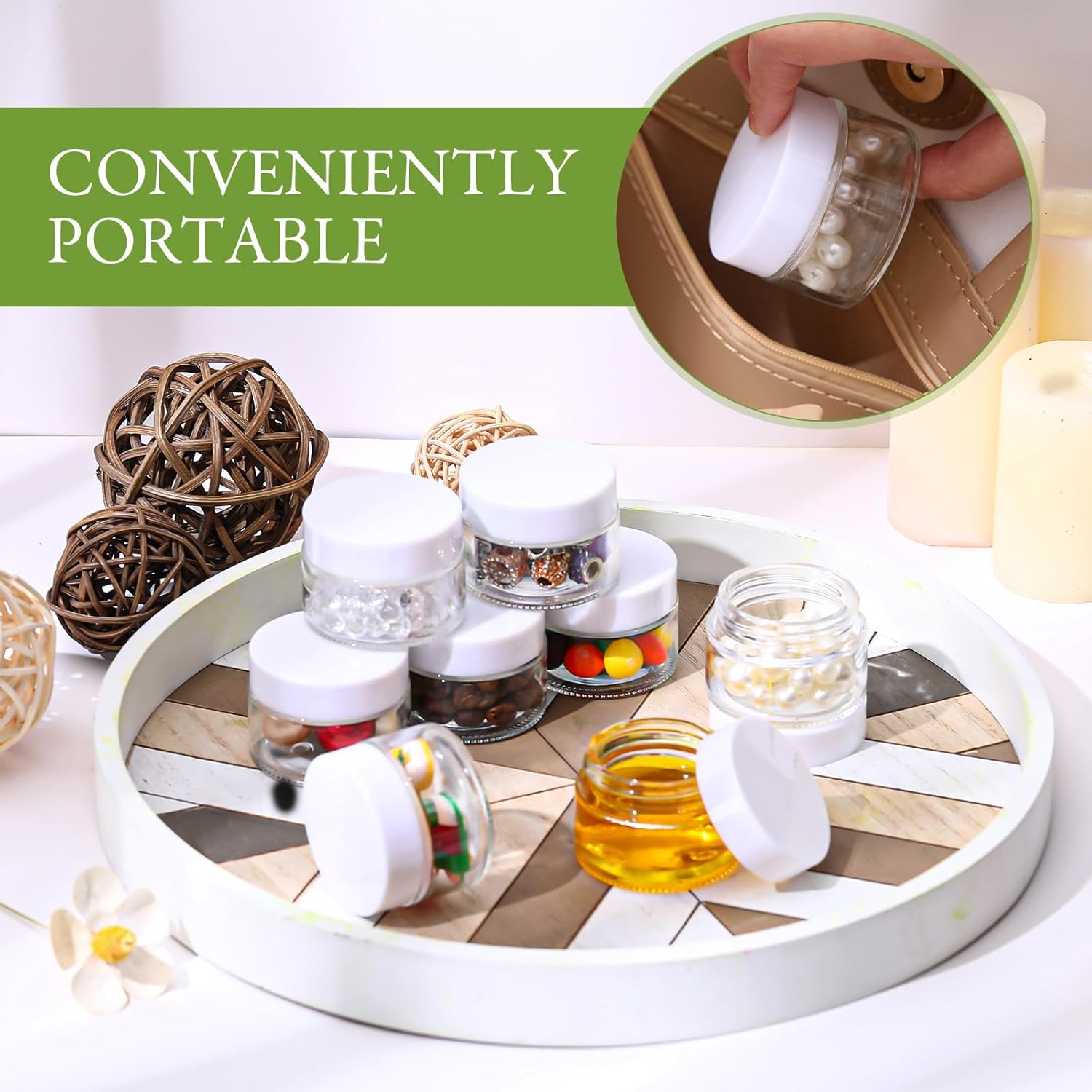 Domensi 100 Pcs 1 oz Glass Jars with Lids Bulk Round Glass Cosmetic Jars Lids 1 oz Small Travel Containers with Inner Liner for Lotions Powders Ointments Sample Cream(Clear, White)-BrightBean Baby