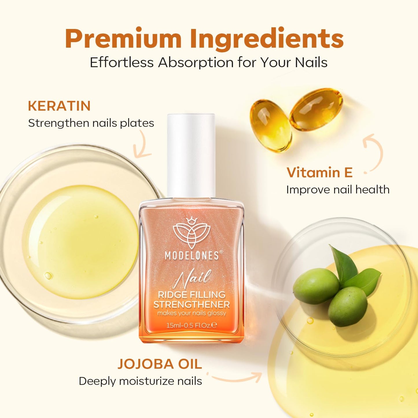 modelones Nail Strengthener, 8-in-One Nail Ridge Filler Base Coat Nail Polish Repair Nail Growth Treatment for Thin and Damaged Nails, Sparkling Champagne, 15ml-BrightBean Baby