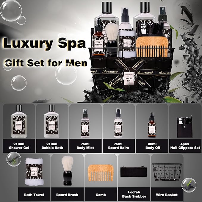 Valentines Day Gifts for Men Spa Gifts for Men, Charcoal Bath and Body Gift Set for Men, 10 Pcs Spa Kits Ideal Birthday, Christmas. Men's Relaxation Bath Baskets, Self Care Kit-BrightBean Baby