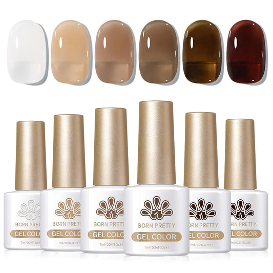 Born Pretty Jelly Gel Nail Polish Fall Winter Brown Chocolate Nude Skin Tone Milky White Gel Polish Neutral Beige Khaki Gel Polish Kit Nail Art Kit for Salon Manicure and DIY at Home 6PCS 7ML-BrightBean Baby