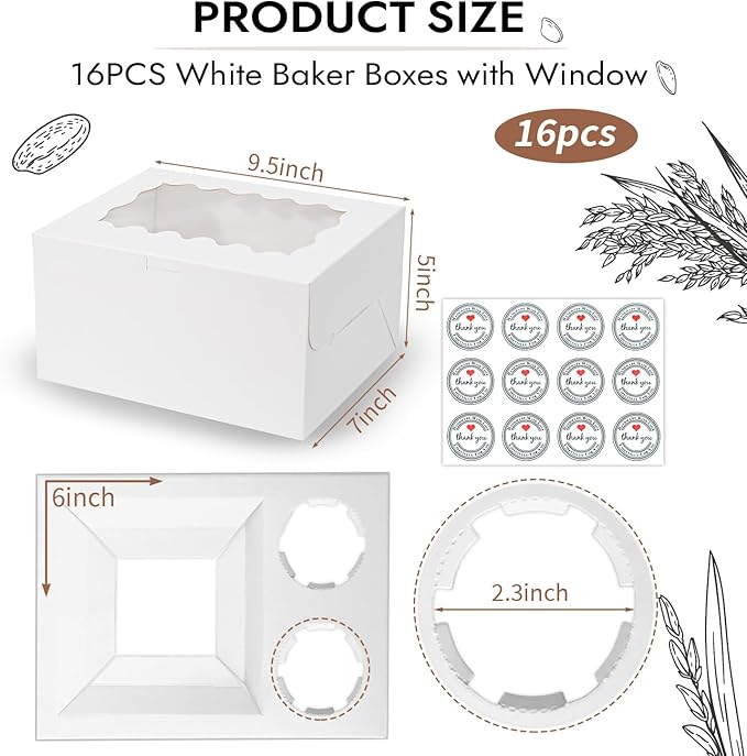 JCD 16 Packs Bento Cake and Cupcake Clear Lid with 2 Cupcake Holes - Cake and Cupcakes Boxes - Pastry Sweets Bento Box with Cupcake Insert for Family Birthday Party Mother's day(1+2/16Pcs)