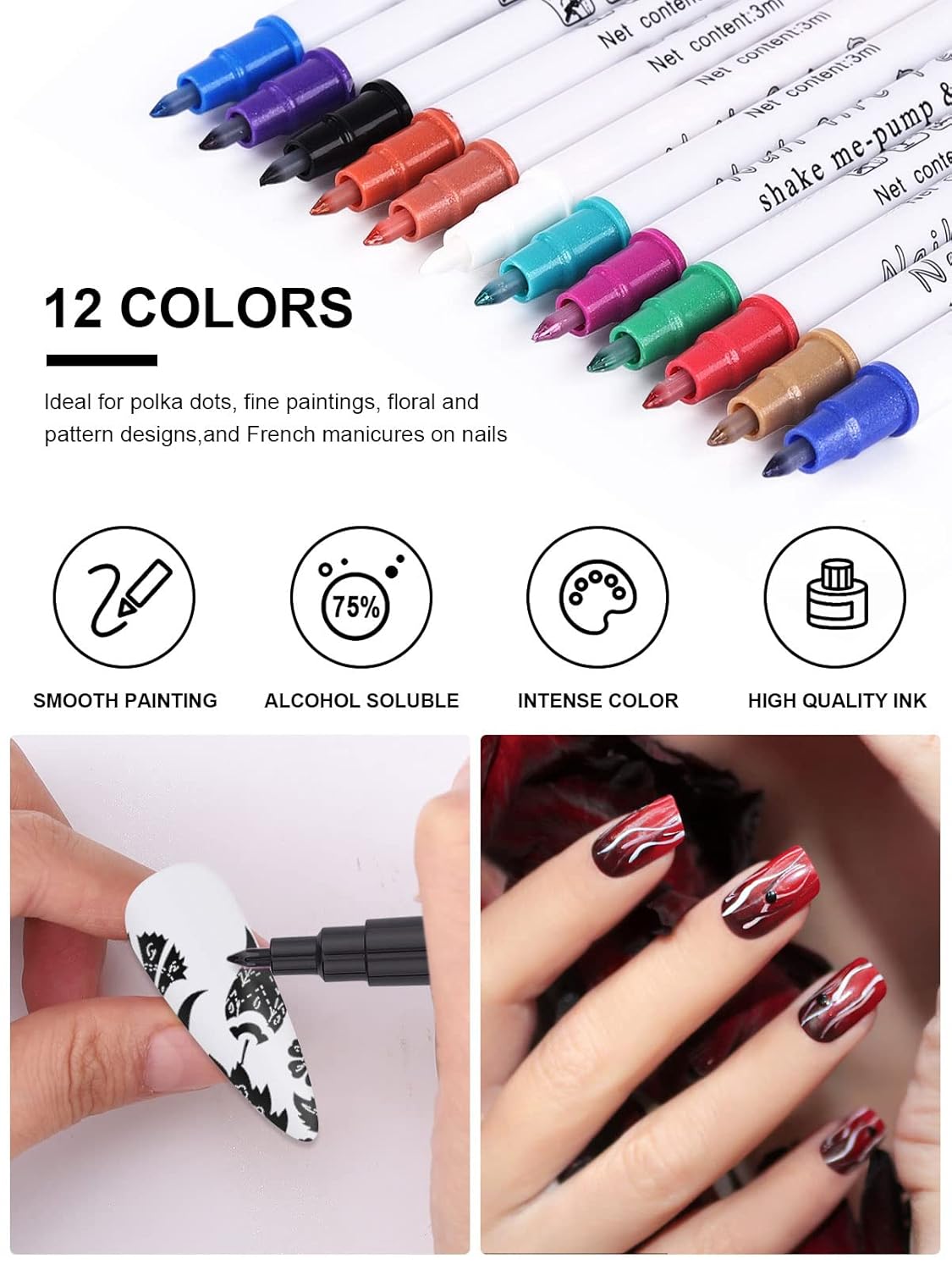12 Color 3D Nail Art Pens Set, Kalolary Nail Point Graffiti Dotting Pen Drawing Painting Liner Brush for DIY Nail Art Beauty Adorn Manicure Tools-BrightBean Baby