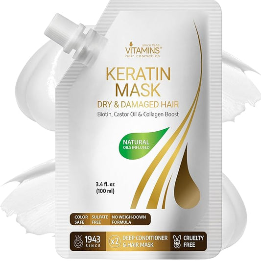 VITAMINS hair cosmetics Keratin Hair Mask - Deep Repair Conditioner with Biotin & Castor Oil - For Damaged, Dry, Curly, Straight, Thin & Fine Hair - Intense Collagen Protein Treatment-BrightBean Baby