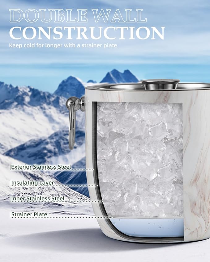 Insulated Ice Bucket, 3L Double Wall Stainless Steel Ice Bucket with Tongs,Lid, Scoop and Strainer, Ice Buckets for Parties,Cocktail Bars, Chilling Beer, Champagne, Wine Bottles