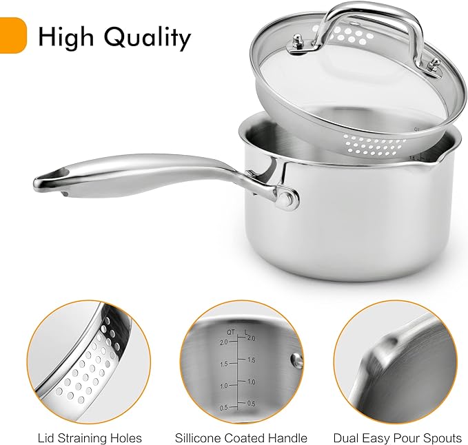 Tri-Ply Stainless Steel Sauce Pan with Steamer Basket & Straining Glass Lid — Heavy-Duty,Thick Base,Rust-Resistant,Warp-Free —100% Food-Grade —Built to Last– Works with All Stovetops, Pasta Pot 3.5 QT