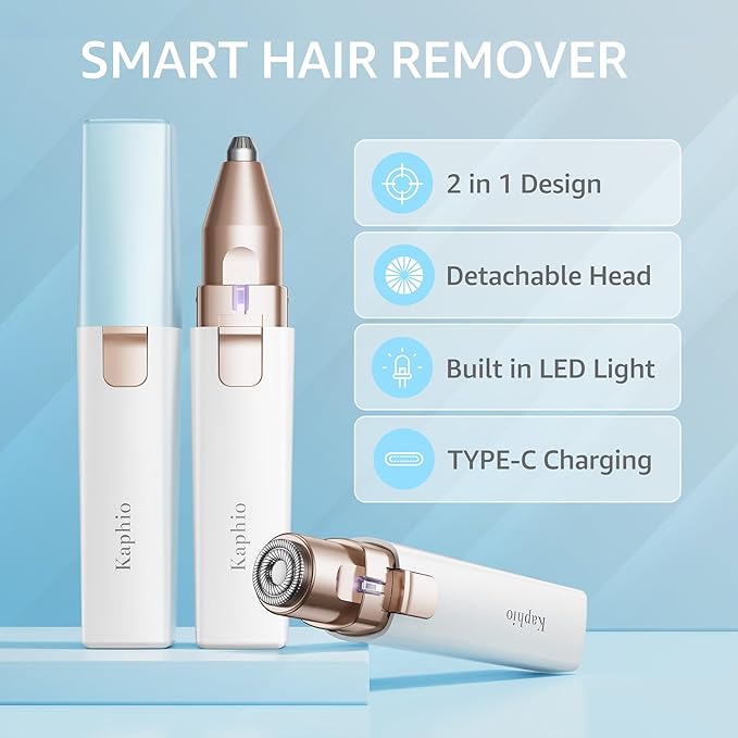Facial Hair Removal for Women: 2 in 1 Electric Hair Removal Device for Chin Upper Lip Peach Fuzz & Rechargeable Eyebrow Trimmer for Shape Brows with Light (Blue)-BrightBean Baby