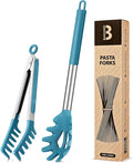 Silicone Spaghetti Spoon & Pasta Tong, Non-Stick Stainless Steel Handle Pasta Fork Set with Teeth, Food Clip for Easy Serving of Noodles (Blue)