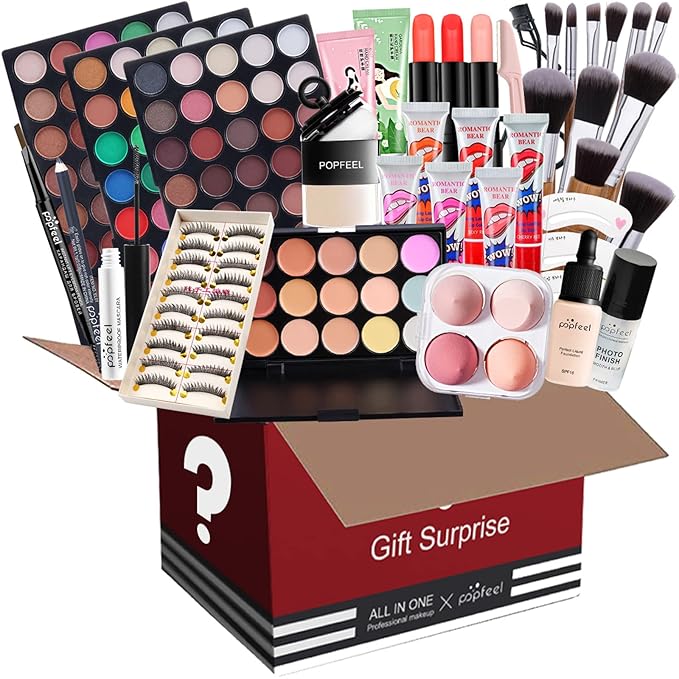 All in One Makeup Set Holiday Box, Essential Starter Bundle Include Eyeshadow Concealer Lipstick Lip Gloss Eyeliner Eyebrow Pencil Lip Balm Face Powder, Full Makeup Kit for Women Girls-BrightBean Baby