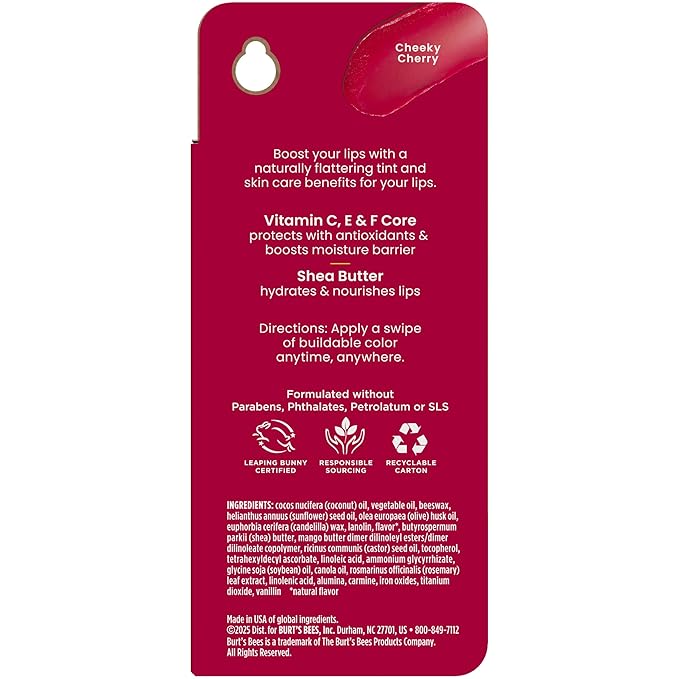 Burt’s Bees Back to School Gift Ideas, Tinted Boosted Balm, Cheeky Cherry, Hydrating Tinted Lip Balm with Vitamin C, E, and F Core, 24 Hour Lip Moisturizer, 100% Natural Origin, 1 Count, 0.16oz-BrightBean Baby