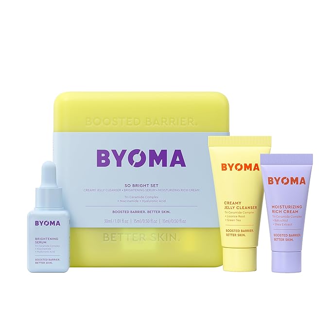BYOMA So Bright Set - Barrier Repair Skincare Set for Brighter Skin - Creamy Jelly Cleanser, Brightening Face Serum & Ceramide Face Moisturizer - Alcohol Free Skin Care - 30ml, 15ml, 15ml-BrightBean Baby