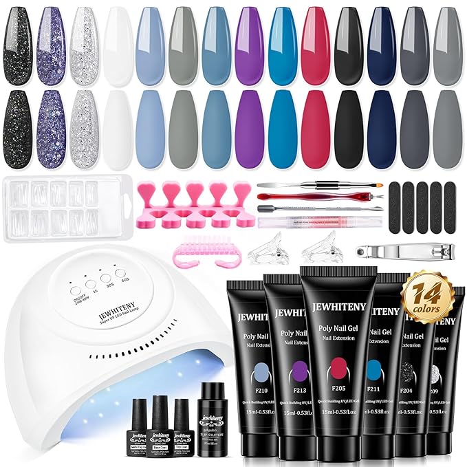 JEWHITENY Poly Nail Gel Kit 14 Colors Purple Nude Grey Black Blue Glitter Tones Starter Kit with UV Lamp Matte & Glossy Top & Base Coat All-in-One Designs DIY At Home-BrightBean Baby