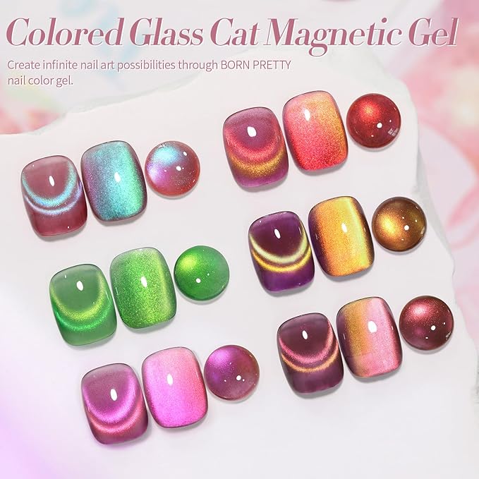 Born Pretty Cat Magnetic Eye Gel Nail Polish Rainbow Aurora Cat Magnetic Gel Polish Pink Green Blue Yellow Glitter Holographic Cat Magnetic Eye Gel Manicure Nail Art DIY, Firefly Aurora Series 6PCS-BrightBean Baby