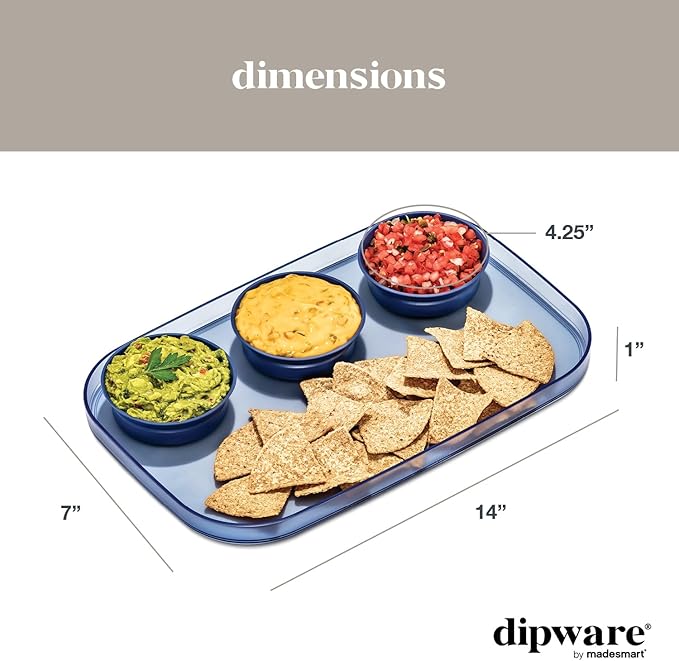madesmart dipware 3 Bowl Serving Tray, Collapsible & Removable Dip Bowls for Charcuterie, Guacomole, Snacks, Veggies, Premium Dishwasher & Microwave Safe, Multipurpose Plate & Bowl, Blue
