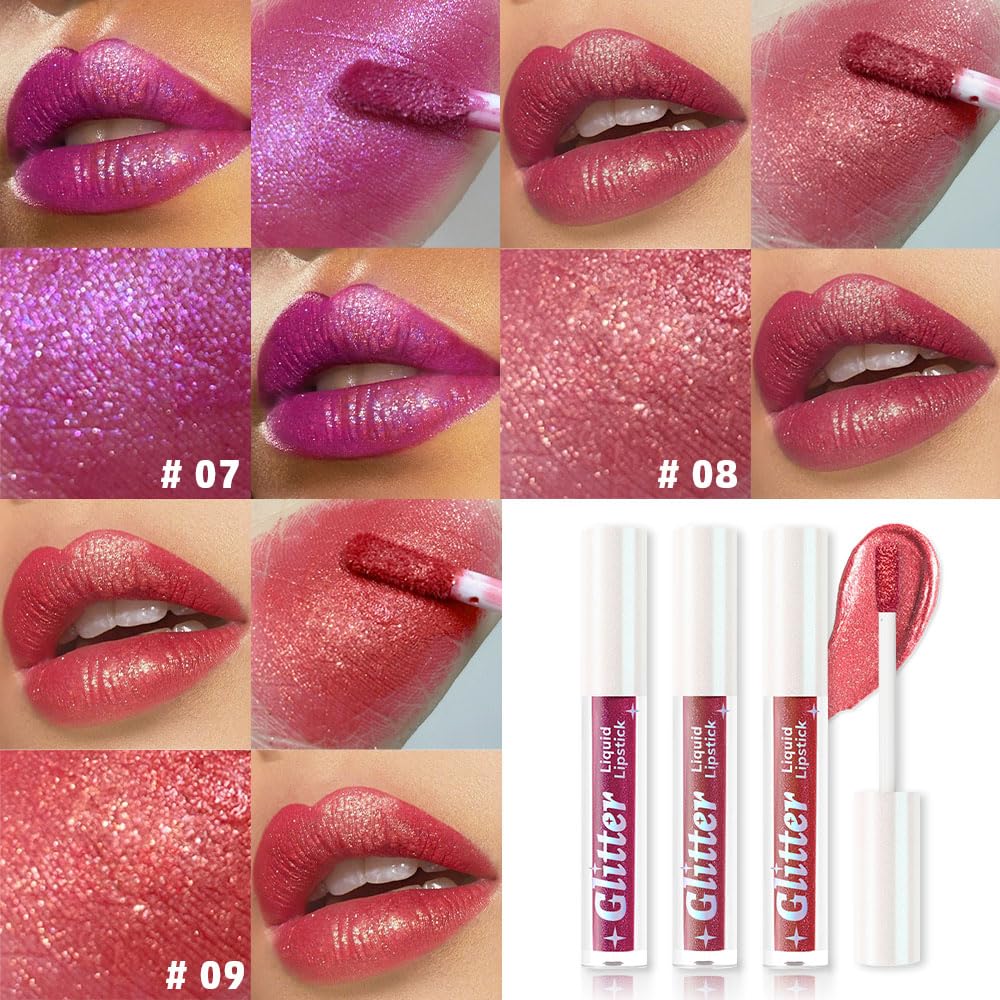 3Pcs Metallic Lipstick for Women,Lightweight Glitter Sparkling Liquid Lipsticks,Shimmer Lip Gloss Stain Long Lasting Waterproof Smudge Proof Non-Drying 24 Hour Full Coverage Lip Makeup,Vegan-BrightBean Baby