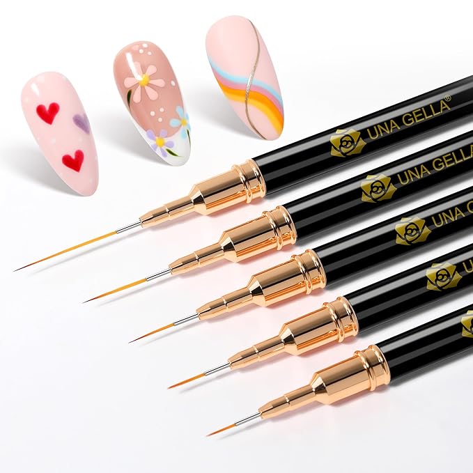 UNA GELLA Metallic Nail Art Brushes, Liner Pens Set 5Pcs Black Color For Nail Art Gel Polish - Thin Detail Nail Art Design Painting Brush Set For Nails Gel Fine Drawing Nail Tools Sizes 7/9/11/15/25mm-BrightBean Baby