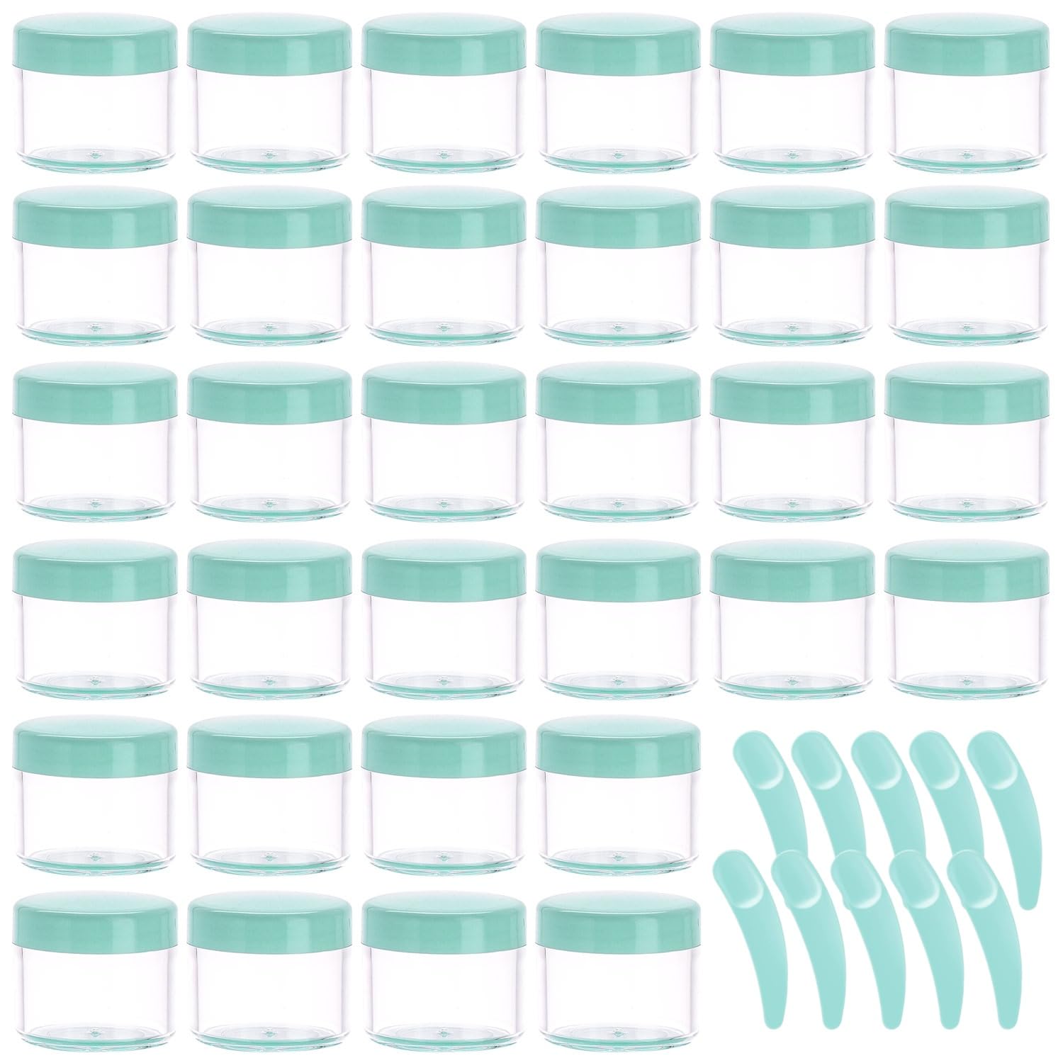Refillable Cosmetic Sample Jars - 100 Pack 20g (0.7oz) Green Small Travel Containers with Lids + 10 Mini Makeup Spatulas - BPA Free-BrightBean Baby