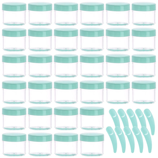 Refillable Cosmetic Sample Jars - 100 Pack 20g (0.7oz) Green Small Travel Containers with Lids + 10 Mini Makeup Spatulas - BPA Free-BrightBean Baby
