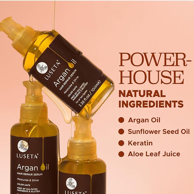 L LUSETA Argan Oil Hair Serum, 100% Pure Argan Oil for Frizzy Control Dry Damage , Repair, Shine Smoothing Strengthening & Nourishing, 3.38 Fluid Ounces-BrightBean Baby