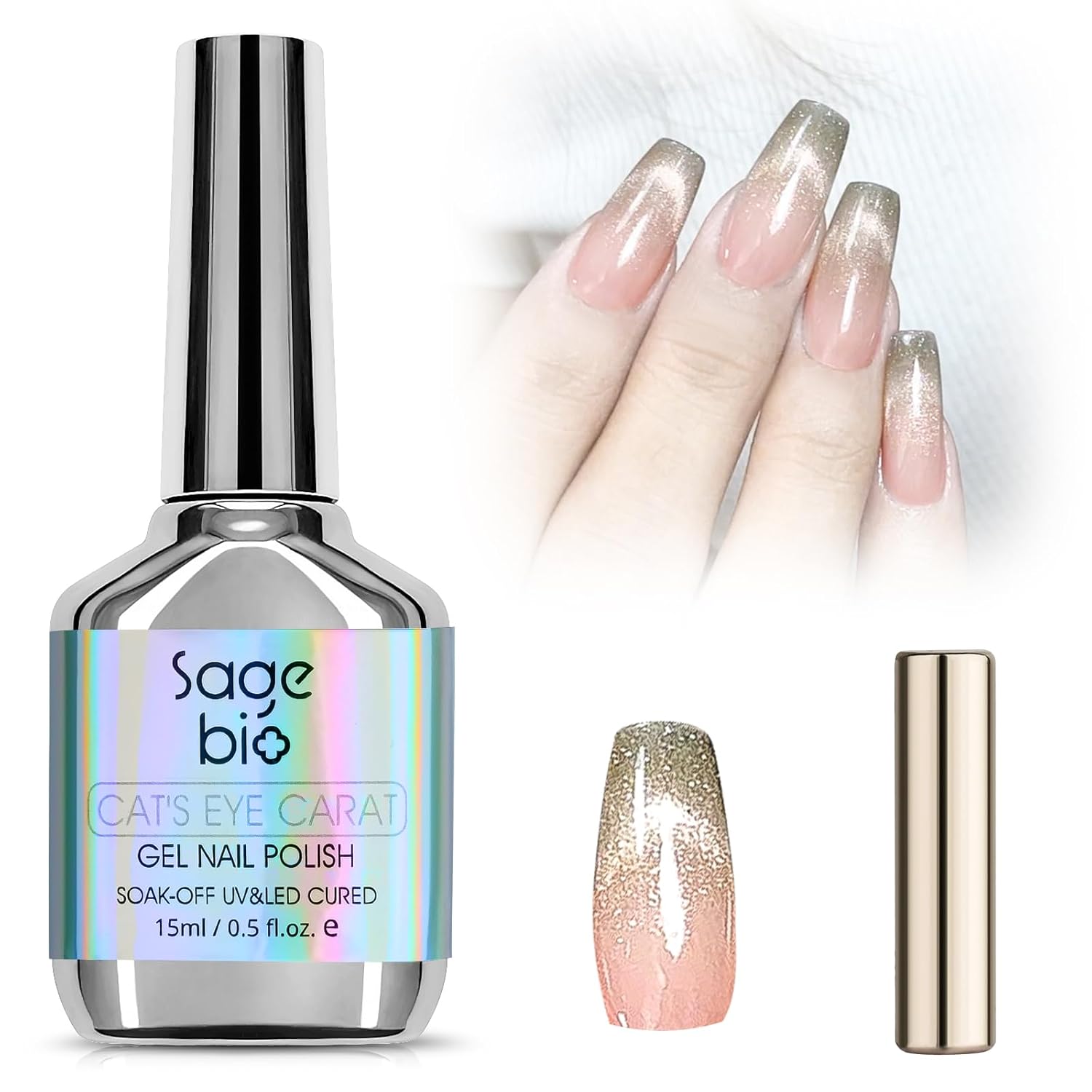 Cat Eye Gel Nail Polish with Magnet Stick, 15ml Glitter Holographic Nail Polish, Magnetic Effect Gel for Home DIY Manicure Gift, Brown Gold-BrightBean Baby