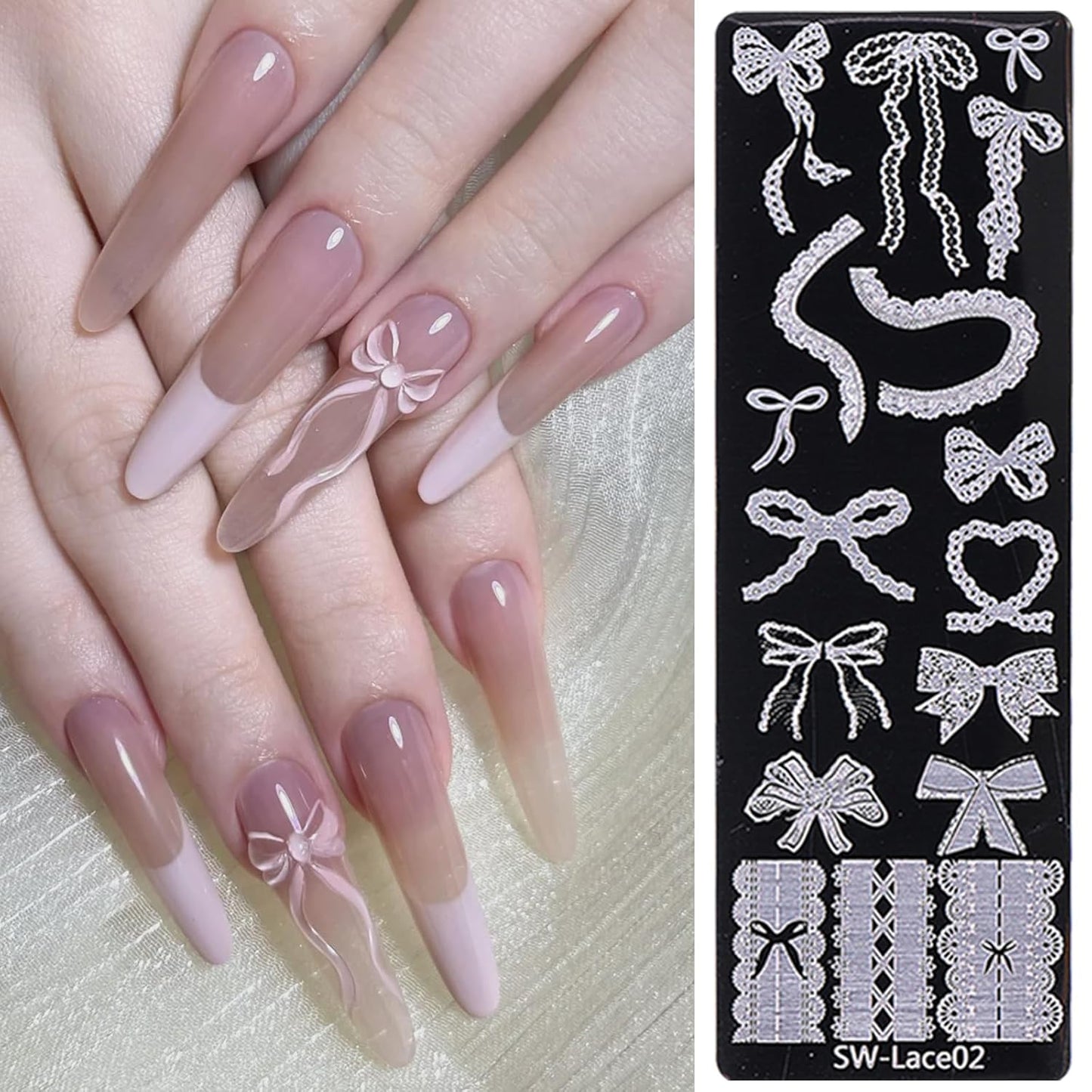 Lace Nail Stamping Plate Set - French Tip Stamp Silicone Nail Stamper Kit Bow Lace Design with Nail Stamp Plates Laser Storage Bag Nail Art Stencil Nail Supplies for Home DIY &Professional Salon-BrightBean Baby