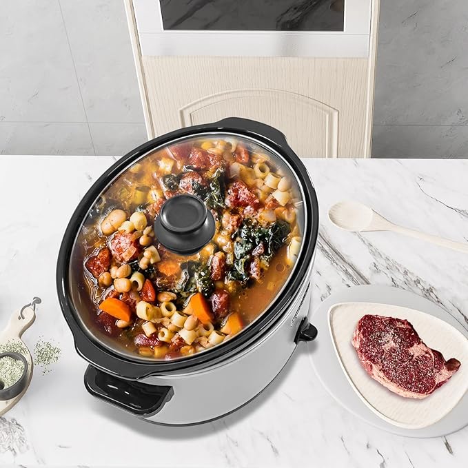 HOMECOOKIN 7 Quart Slow Cooker Oval Manual Pot Food Warmer with 3 Cooking Settings, White Stainless Steel
