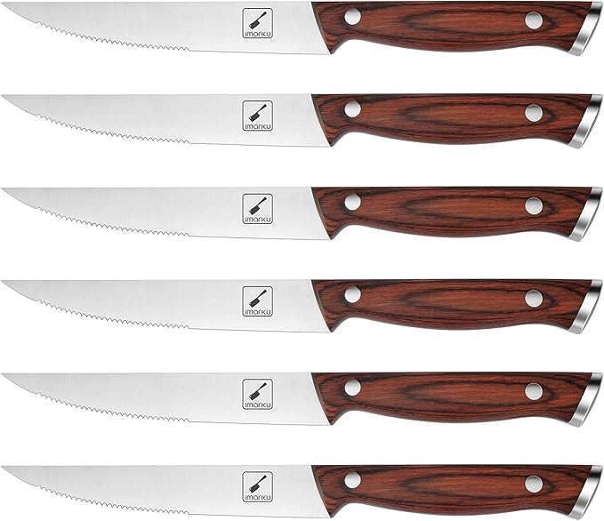 imarku Steak Knives Set of 6, Japanese HC Steel Premium Serrated Steak Knife Set with Ergonomic Handle and Gift Box, Home Essential, Best Chrismas Gifts for Women and Men