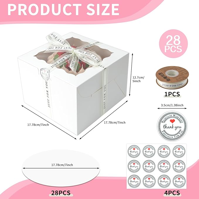 28Packs 7x7x5 Inch Small Cake Boxes, White Bakery Boxes with Window, bento cake boxes for Pastries, Cookies,Birthday Party, Valentine's Day Cajas Pasteles.(White, 775inch/28pcs)