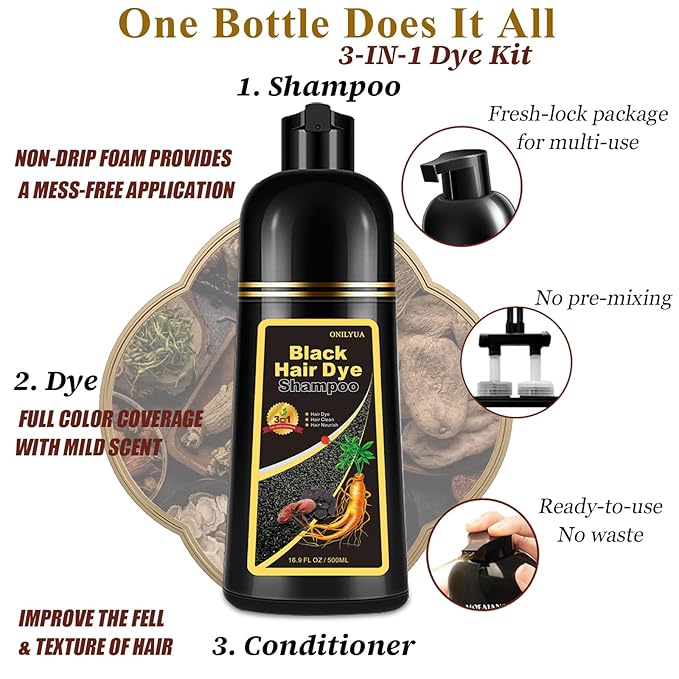 Instant Black Hair Dye Shampoo 3- in-1, 100 Percent Gray Coverage, Magic in 15 Minutes for All Types, Natural Women & Men, Color Depositing Conditioner, Easy to Use-BrightBean Baby