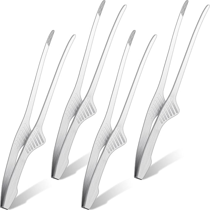 Patelai Korean and Japanese BBQ Tongs Non Slip Cooking Utensils Stainless Steel Tongs for Serving Food, Salad, Camping, Barbecue, Buffet, Oven with Support Stand(Silver,4 Pieces)