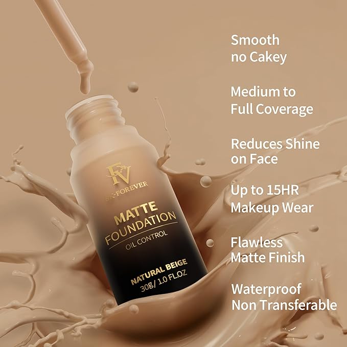 FV Full Coverage Liquid Foundation Makeup, Long Lasting Matte Foundation with Flawless Finish, Concealing & Minimizing Pores, Oil Control Waterproof for Oily Combination Skin, 1 Fl. Oz (Natural Beige)-BrightBean Baby