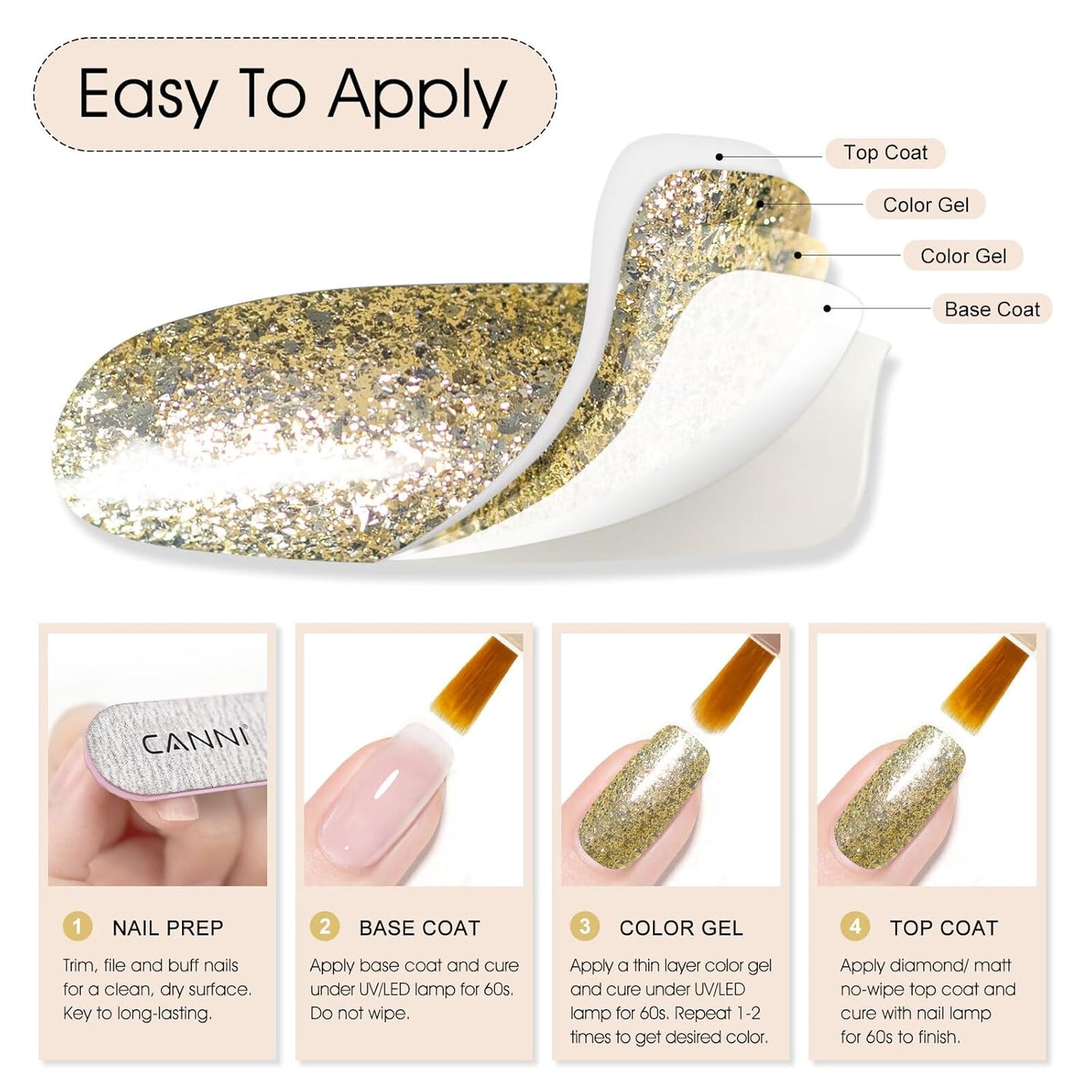 CANNI Gold Glitter Gel Polish – 9ML Chunky Sparkly Soak-Off UV/LED Nail Gel, Golden Flakes Finish for DIY Manicure, French Tips, or Salon Use-BrightBean Baby