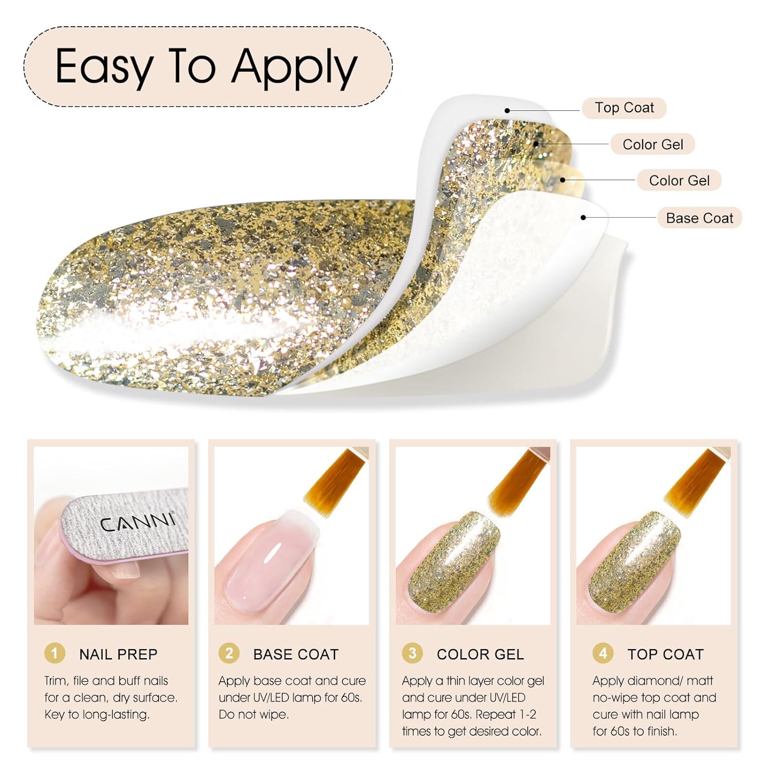 CANNI Gold Glitter Gel Polish – 9ML Chunky Sparkly Soak-Off UV/LED Nail Gel, Golden Flakes Finish for DIY Manicure, French Tips, or Salon Use-BrightBean Baby