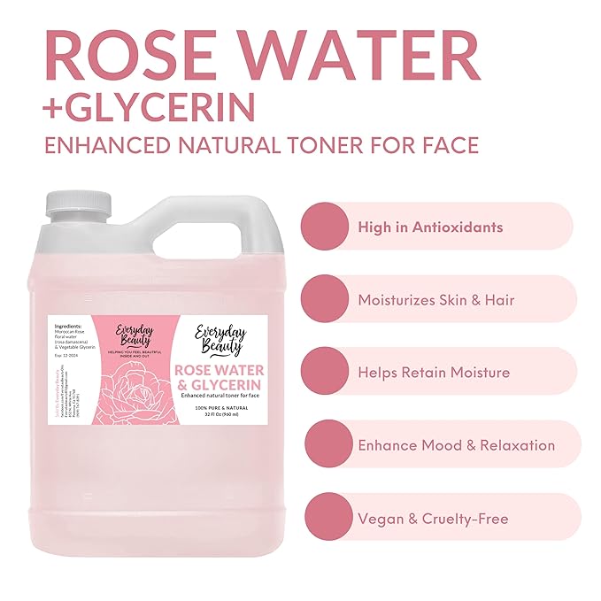 Rose Water & Glycerin Enhanced Facial Toner - 32oz Bulk Alcohol-Free Vegan All Natural Refreshing for Face and Hair - Uplifts, Calming & Soothing for All Skin Types…-BrightBean Baby