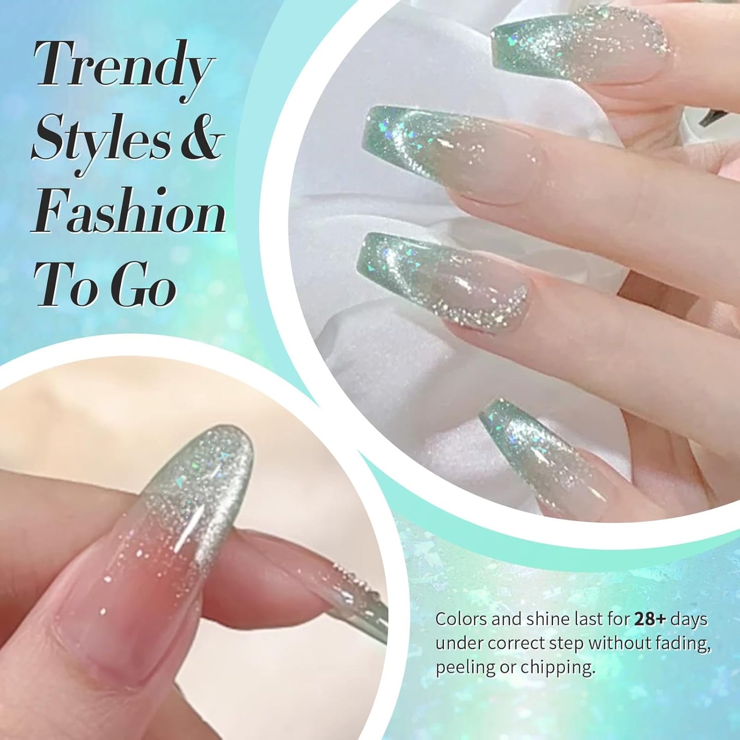 Born Pretty Green Cat Magnetic Eye Gel Nail Polish Shimmer Glitter Flakes Holographic Aurora Mint Green Magnetic Gel Polish Nail Art Manicure DIY at Home 15ML-BrightBean Baby