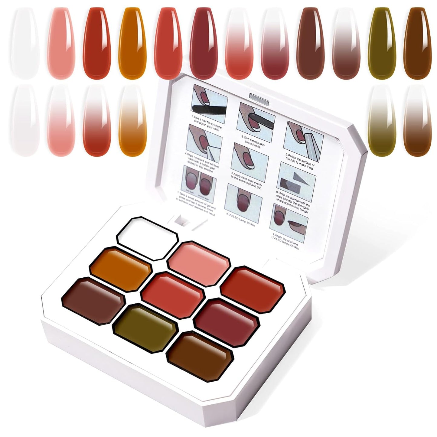 Gradient Painting Gel, 9 Colors Ombre Gel Nail Polish Dark Beown Green for Pigment Pat Aura Nails, French Manicure DIY Nail Art Long Lasting Soak od UV Home Salon Palette Ancient City-BrightBean Baby